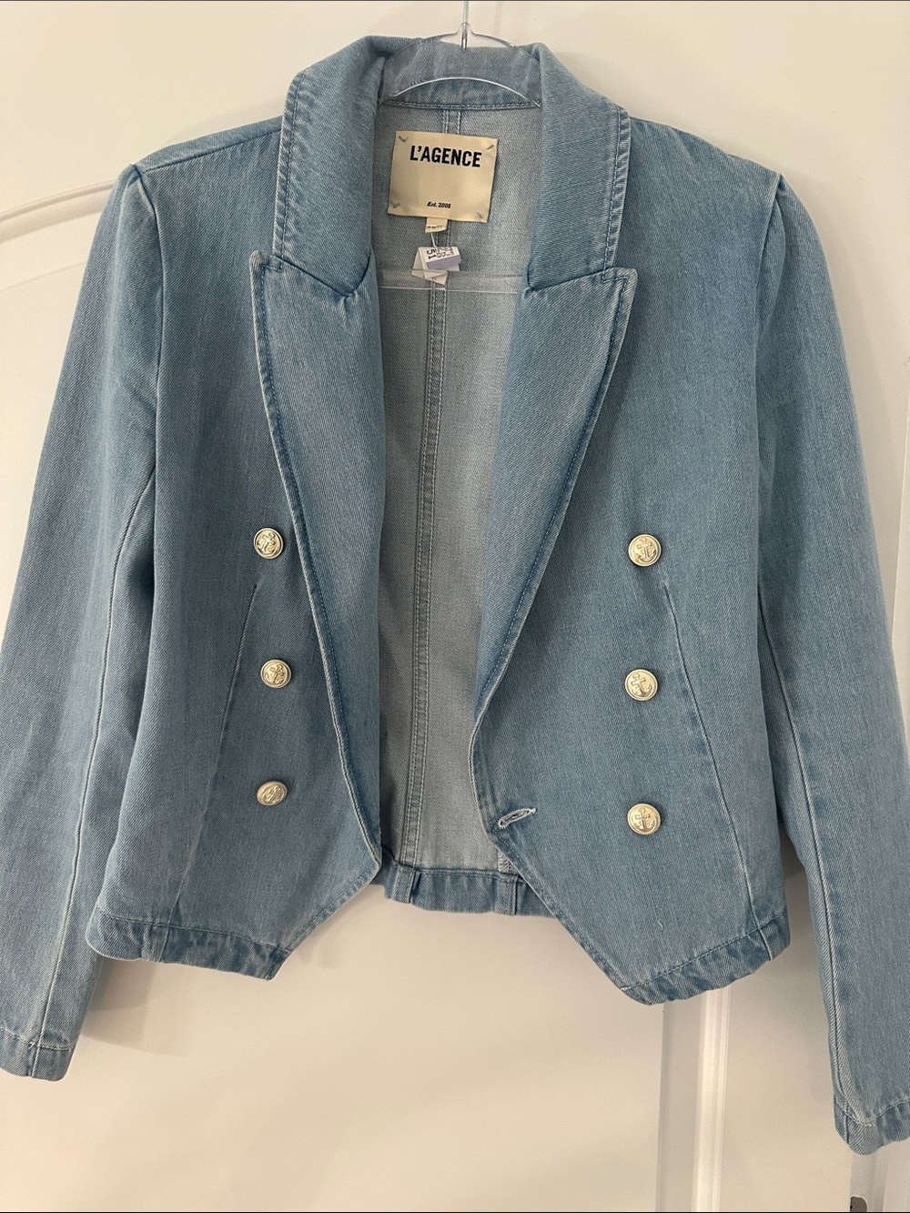 L'AGENCE Light Blue Double-Breasted Denim Blazer